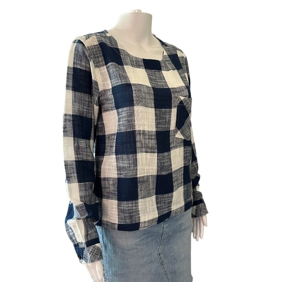 Cloth & Stone Plaid Linen Blend Long Sleeve Blouse Back button detail Women's  S - Picture 5 of 16
